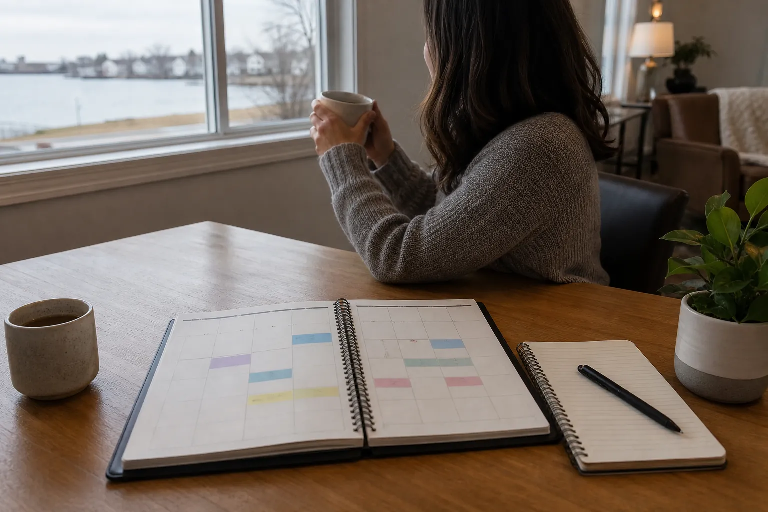 Woman Looking Out a Window With a Mug and Planner A woman holds a mug and looks out a waterfront window, with an open planner, notebook, pen, and plant on the wooden table.