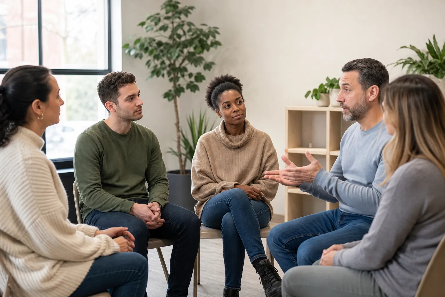 Five adults sit in a circle during a group therapy session as one man speaks and gestures with his hands.