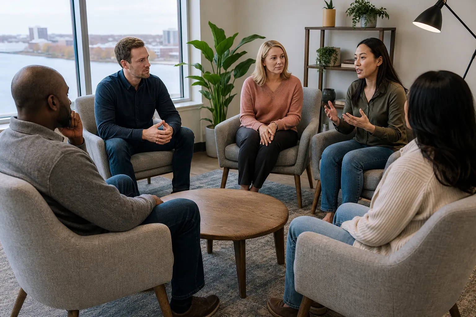 Five adults seated in a circle participate in a group therapy discussion in a bright, comfortable office.