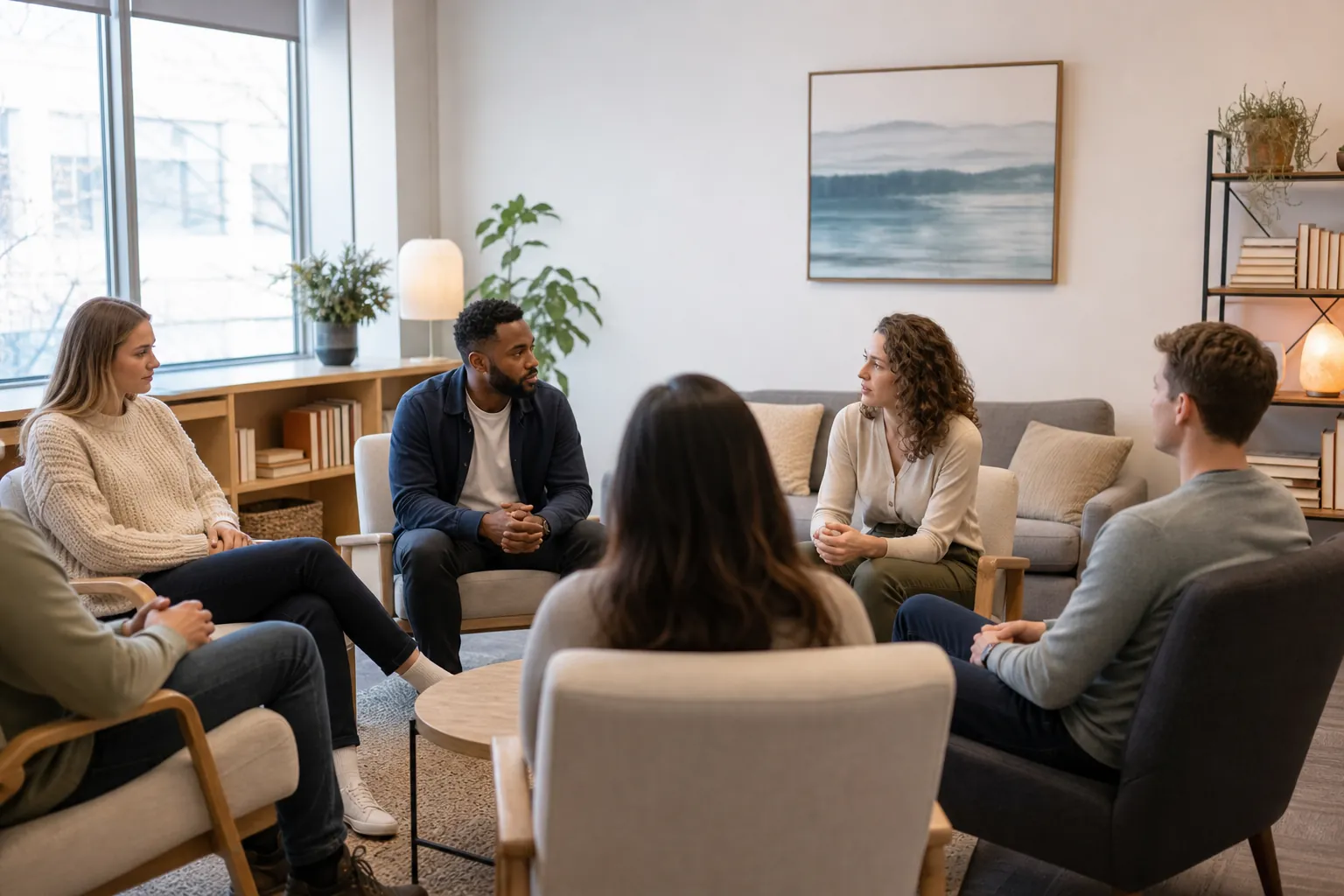 Six adults sit in a circle of chairs in a bright room.