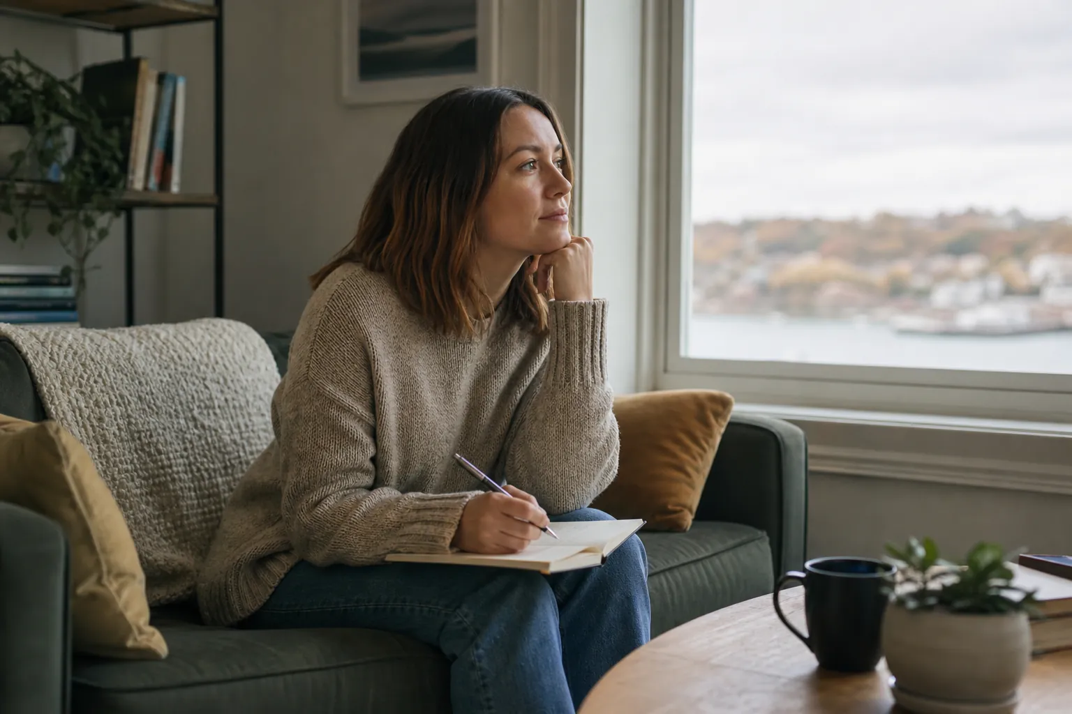 A woman writes in a notebook while seated on a sofa beside a large window.