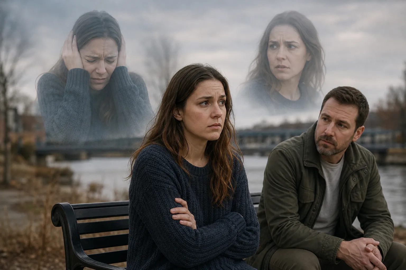 A worried woman sits beside a man on a riverside bench, with two translucent portraits of her looking distressed above them.