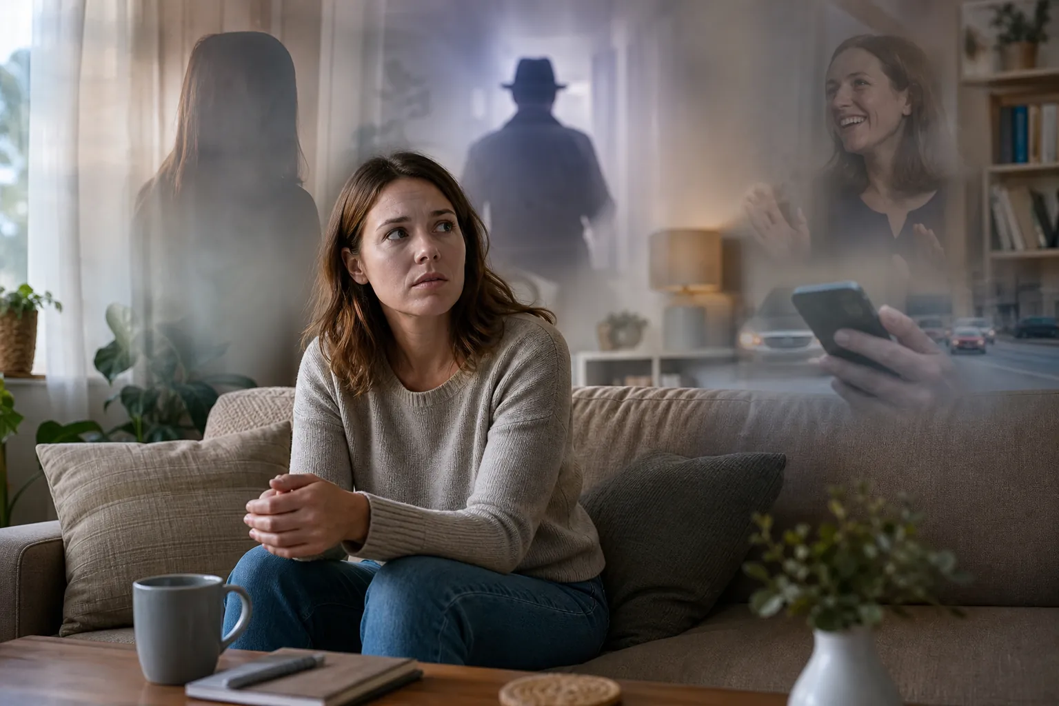 A concerned woman sits on a sofa with clasped hands, surrounded by translucent figures and an overlaid hand holding a phone.