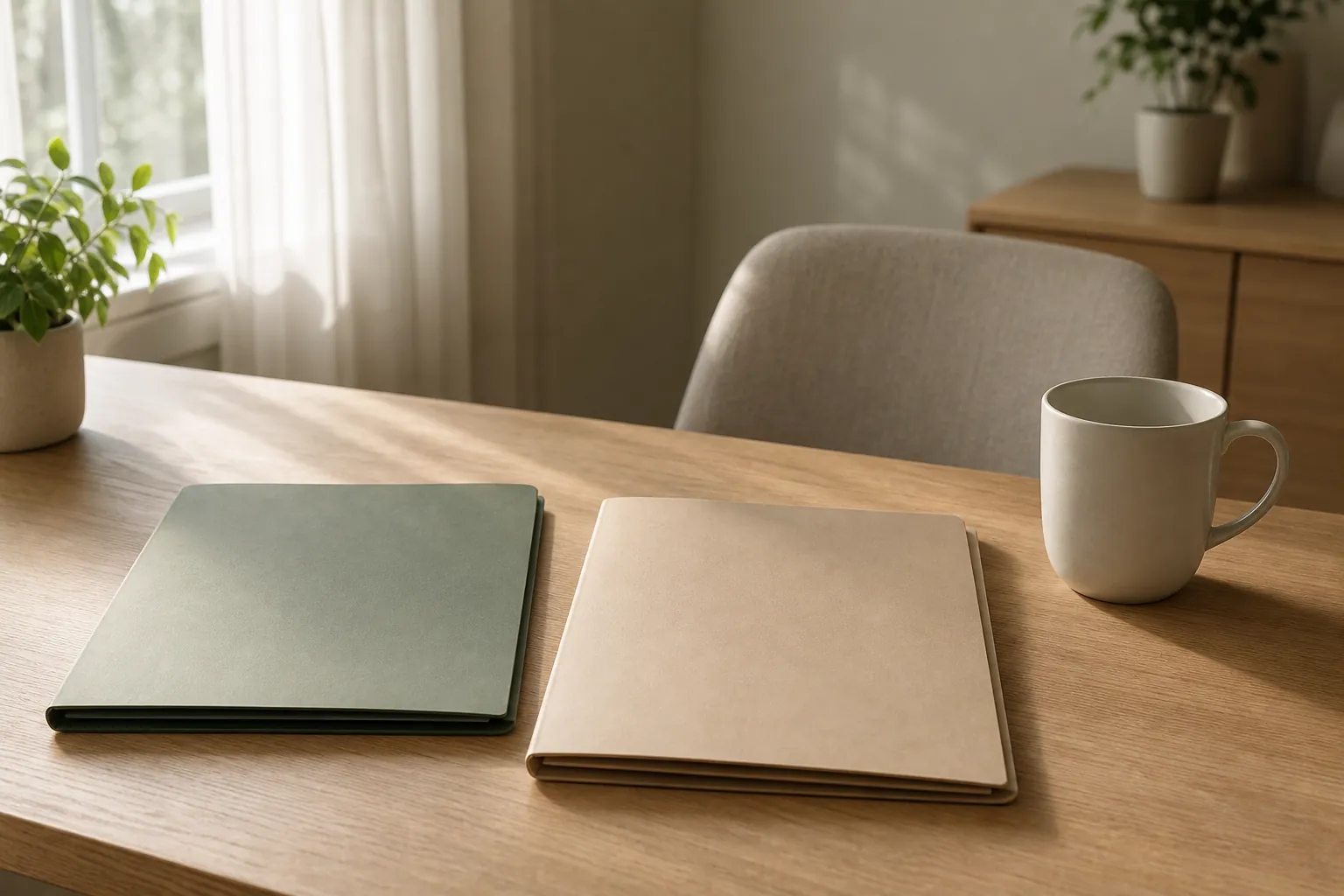Two plain folders beside a mug Two plain folders beside a mug