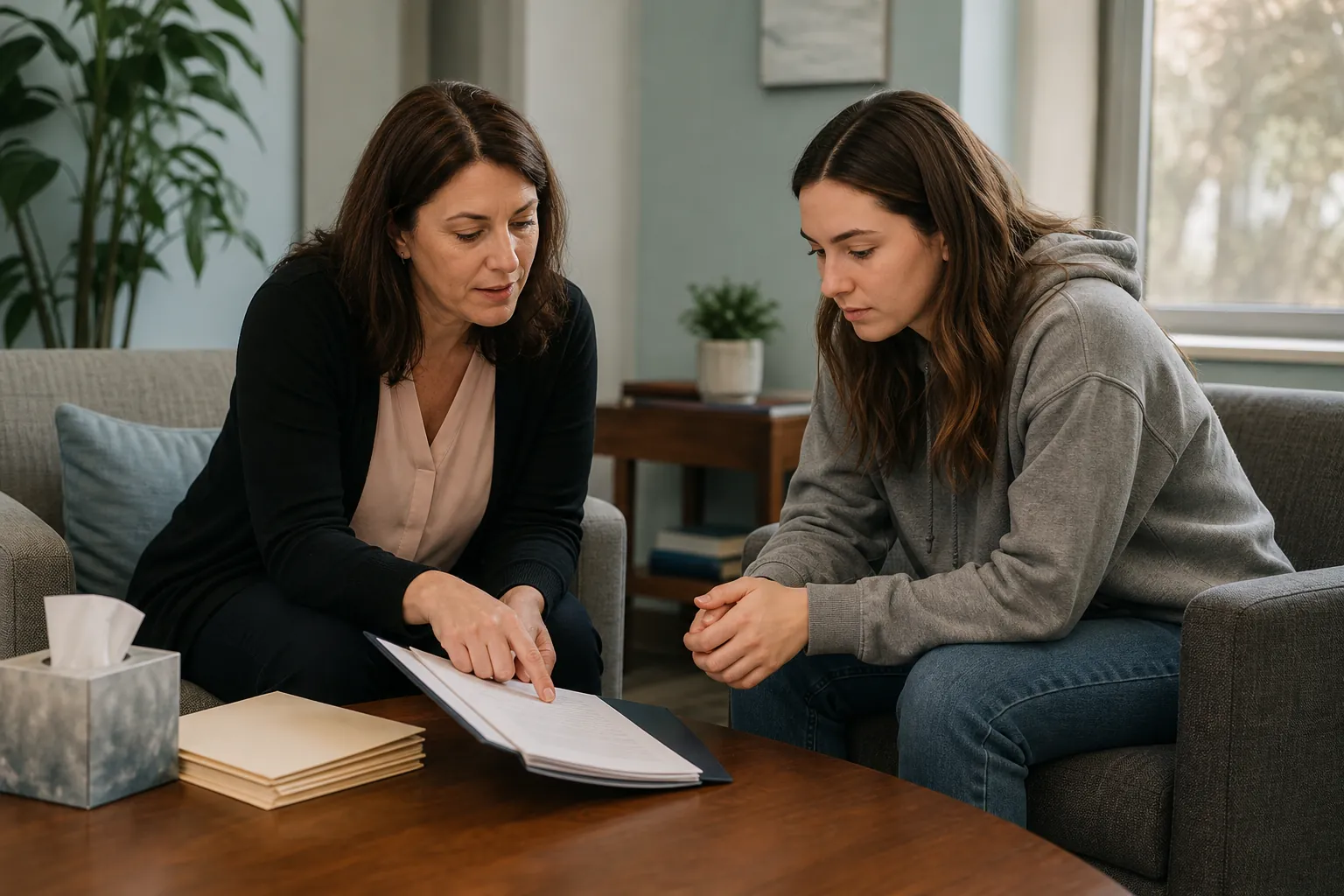 Two women reviewing a sheet of paper Two women reviewing a sheet of paper