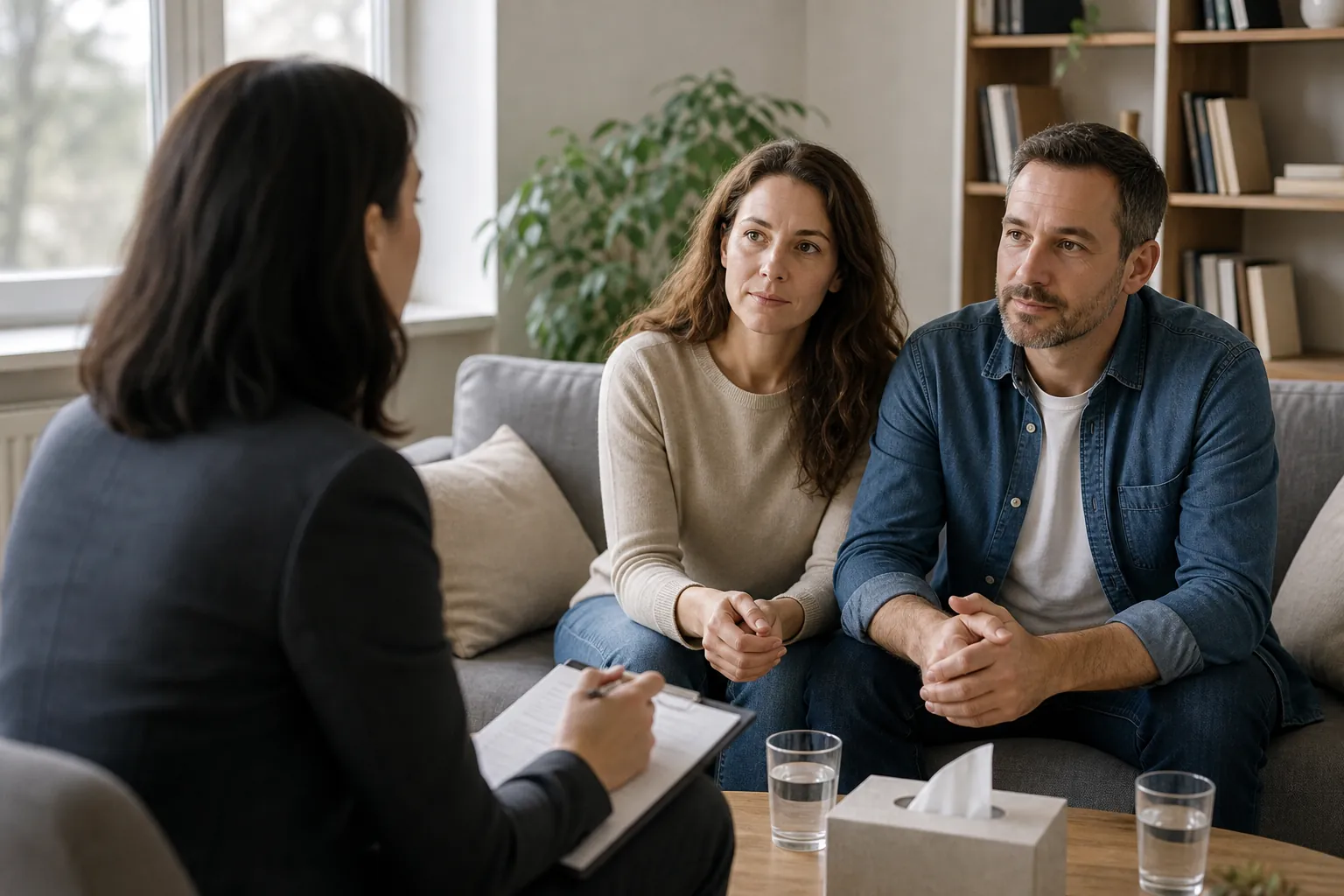 Three adults seated together in conversation with a notebook.