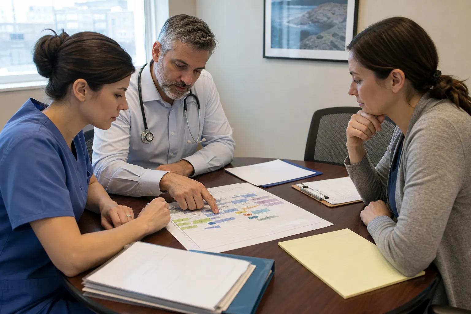 A doctor, nurse, and patient review a color-coded discharge timeline together at a hospital office table.