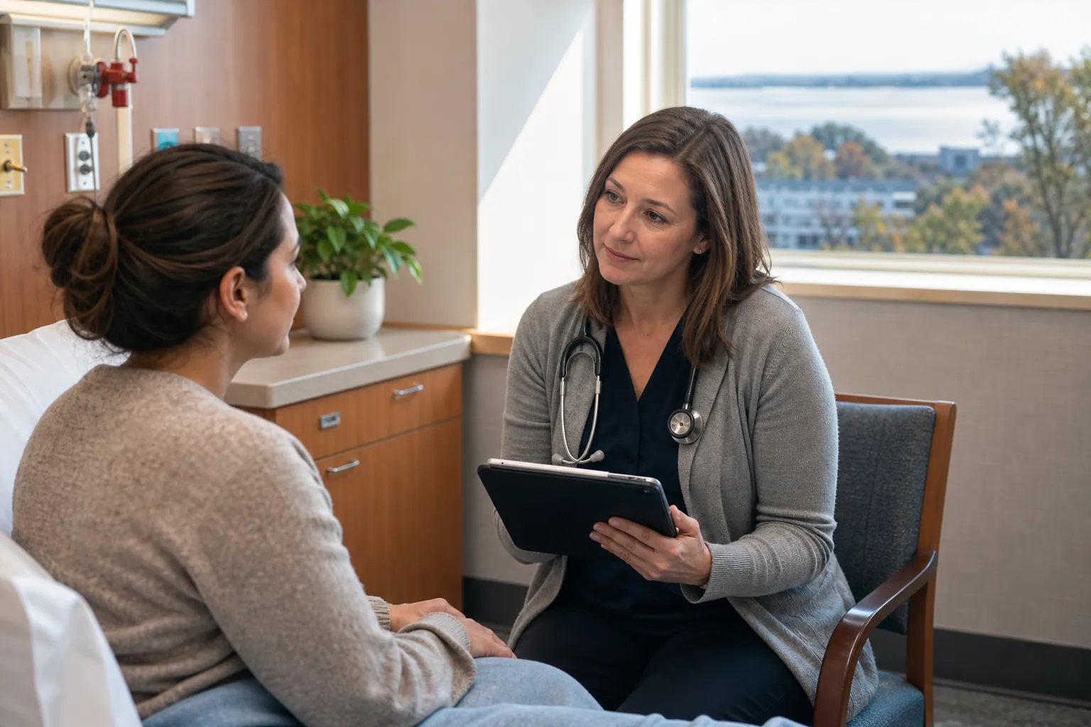 A clinician with a stethoscope holds a tablet while speaking with a patient seated in a hospital room.
