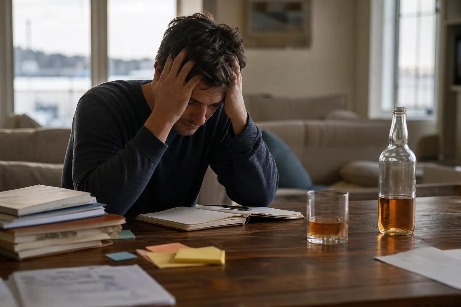 Distressed man holding his head at a cluttered table beside a liquor bottle and a glass of amber alcohol