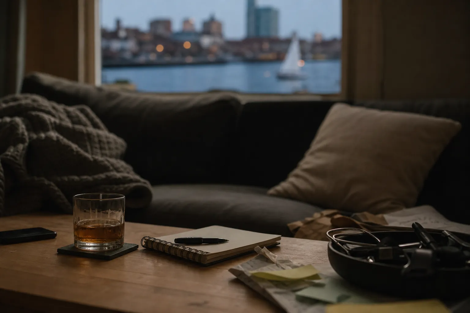 A glass of liquor, notebook, pen, phone, scattered notes, and headphones on a table beside a couch and harbor view.