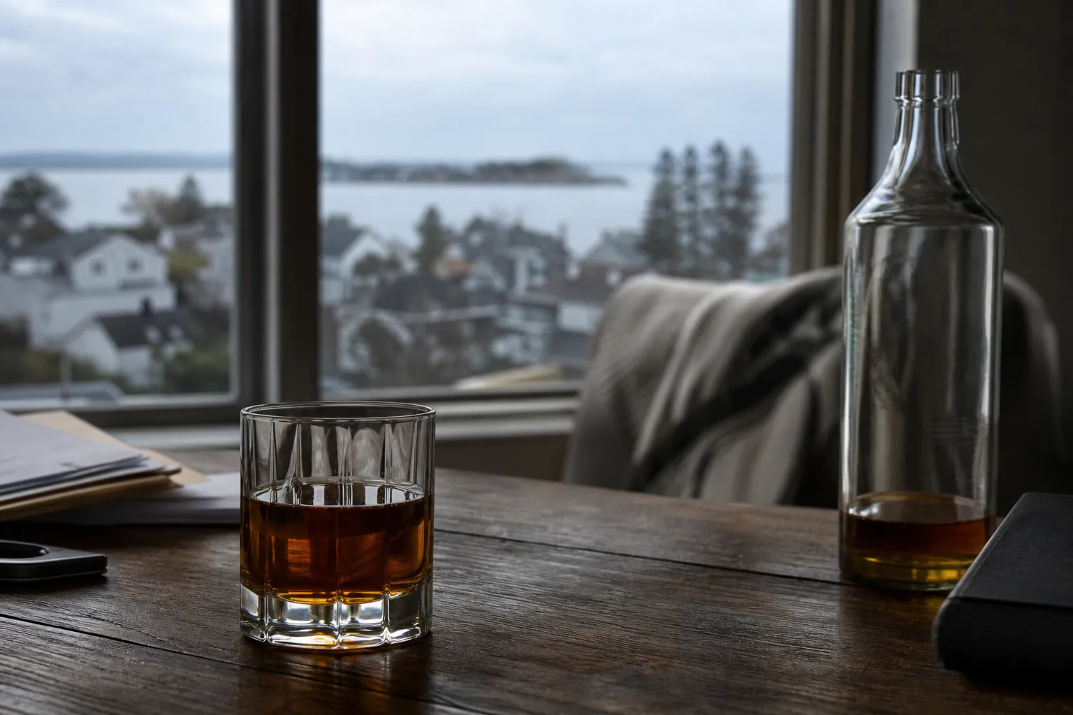 Liquor and paperwork on a desk by a waterfront window A glass and partly filled liquor bottle sit beside paperwork on a desk overlooking a quiet waterfront neighborhood.
