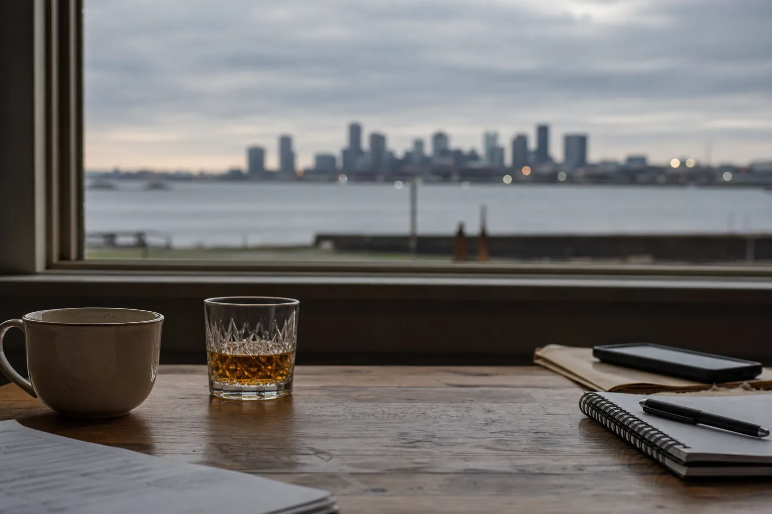 Whiskey and work items on a desk overlooking the city A glass of whiskey, coffee mug, phone, and notebook on a desk overlooking a distant city skyline.