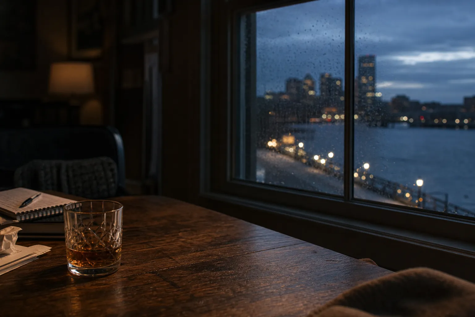 Whiskey by a rainy waterfront window A glass of whiskey sits beside a notebook on a dark wooden table overlooking a rainy waterfront city at dusk.