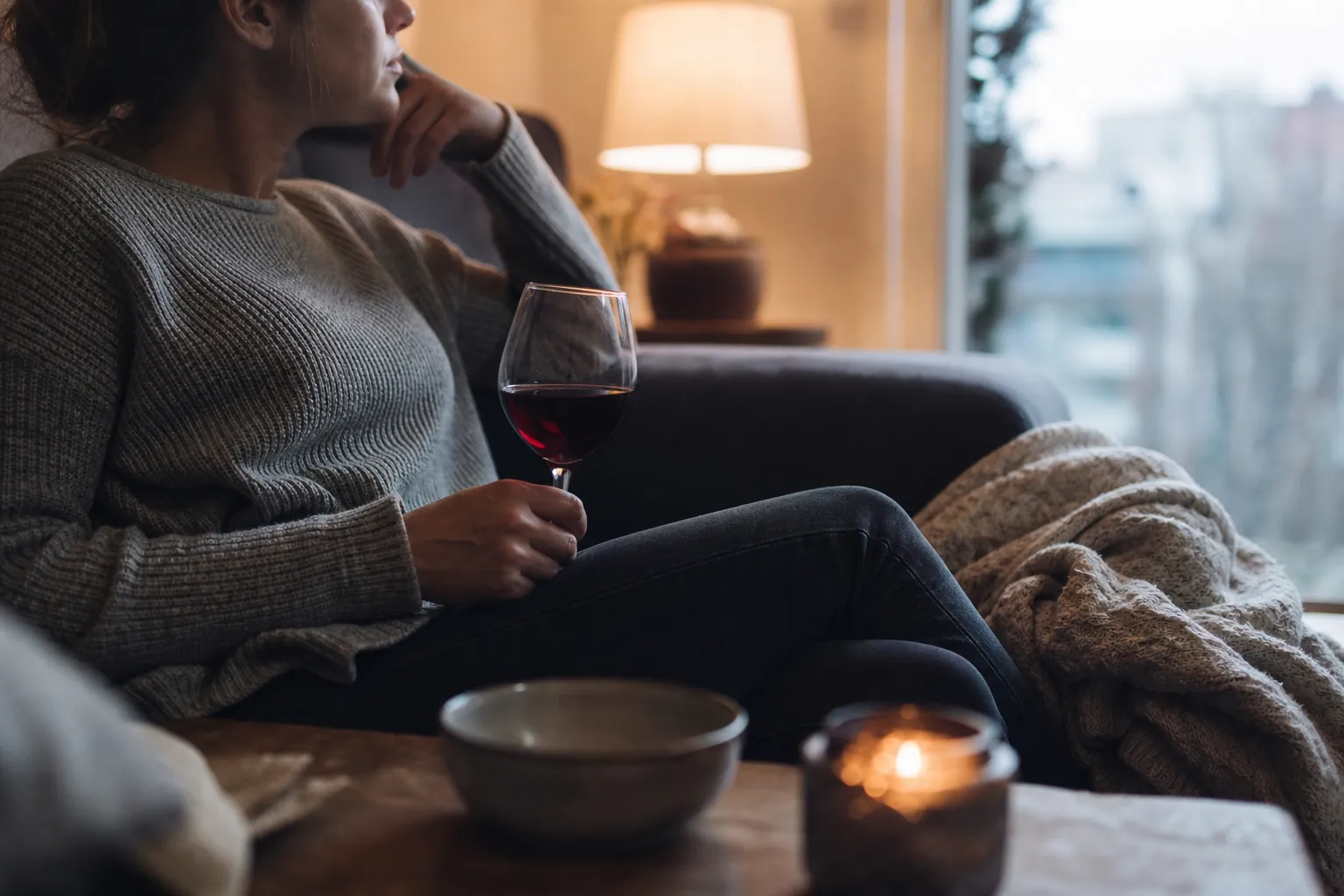 Pensive woman holding red wine at home Pensive woman sitting on a sofa at home while holding a glass of red wine beside a softly lit lamp.