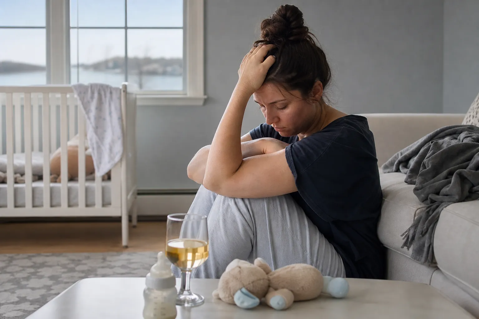 Distressed mother sitting beside a crib, with a baby bottle, stuffed toy, and glass of wine on the table.