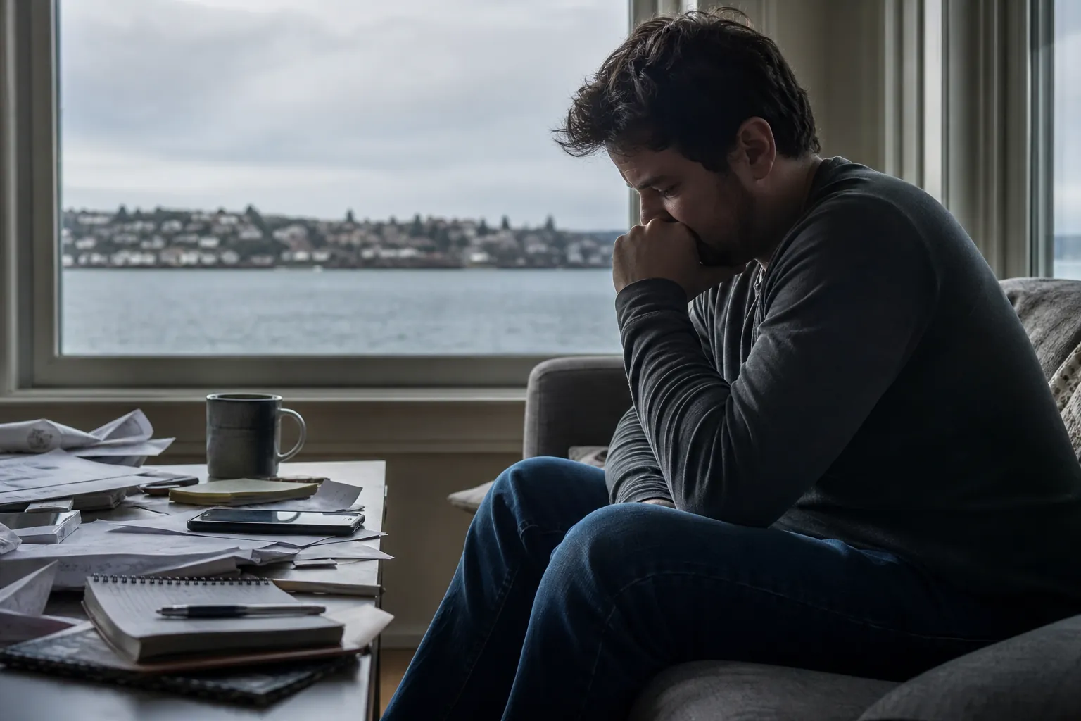 Pensive man beside a cluttered table and window A pensive man sits by a window beside a cluttered table covered with papers, notebooks, a phone, and a mug.