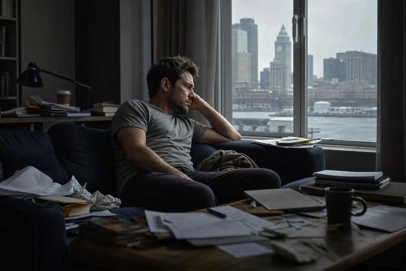 Overwhelmed man sitting amid clutter in a city apartment A tired man sits on a sofa in a cluttered apartment, surrounded by papers and books beside a city window.