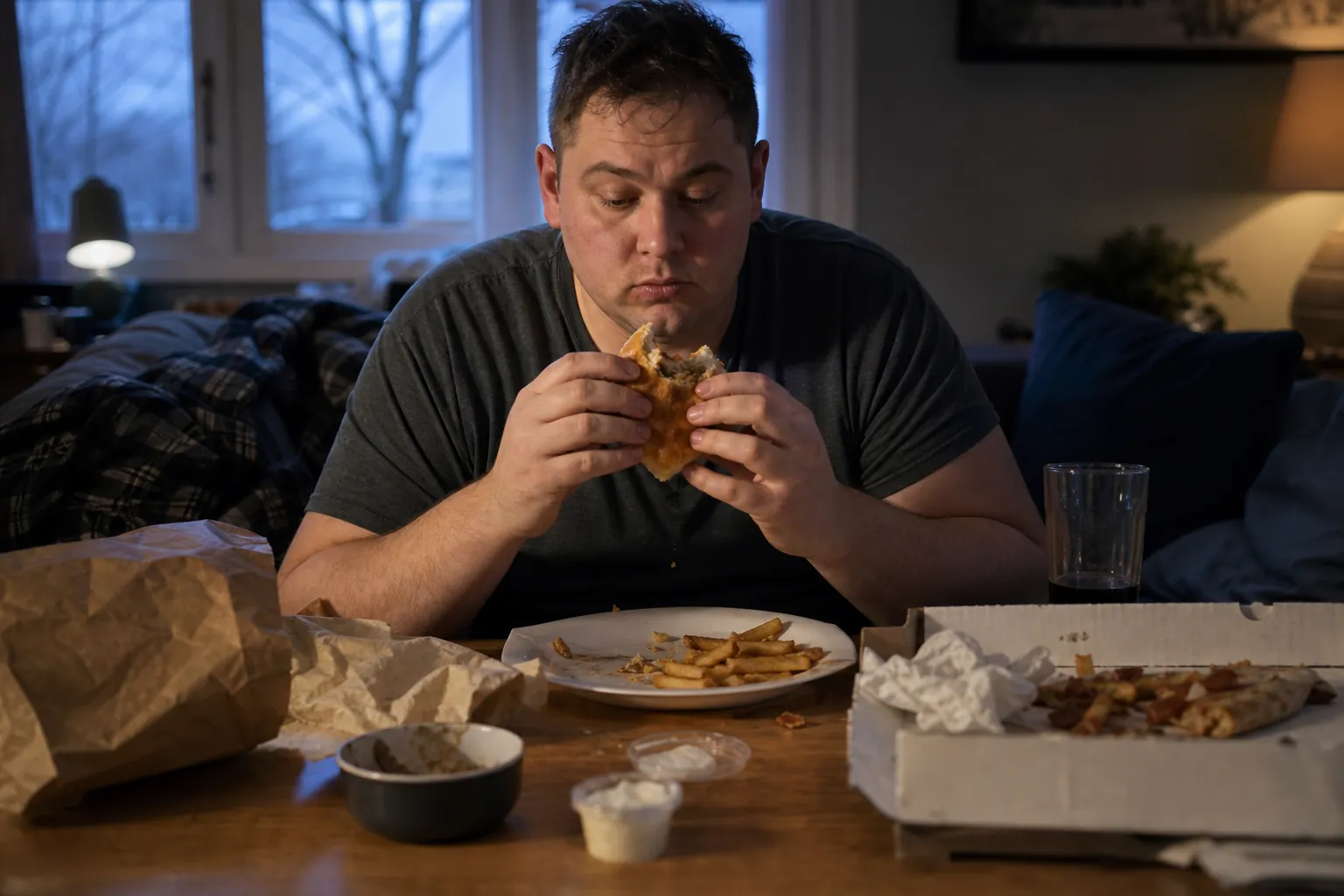 Man eating a burger at a cluttered table with fries, leftover pizza, wrappers, and takeout containers.