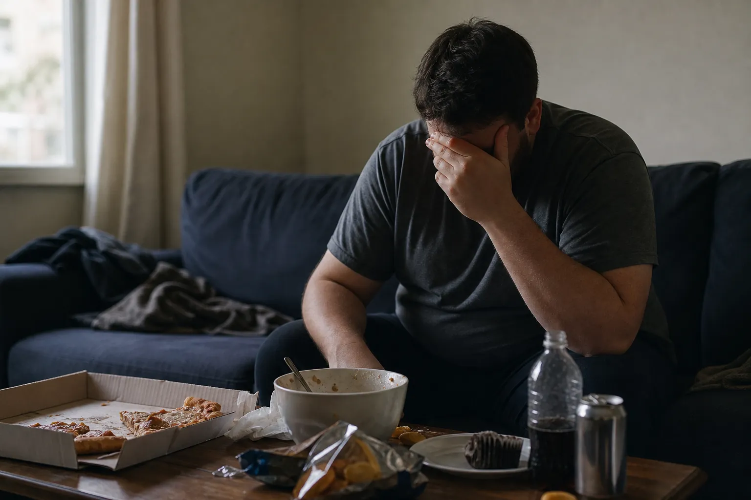 Distressed man covering his face on a sofa beside pizza, snacks, a bowl, soda, and an energy drink.