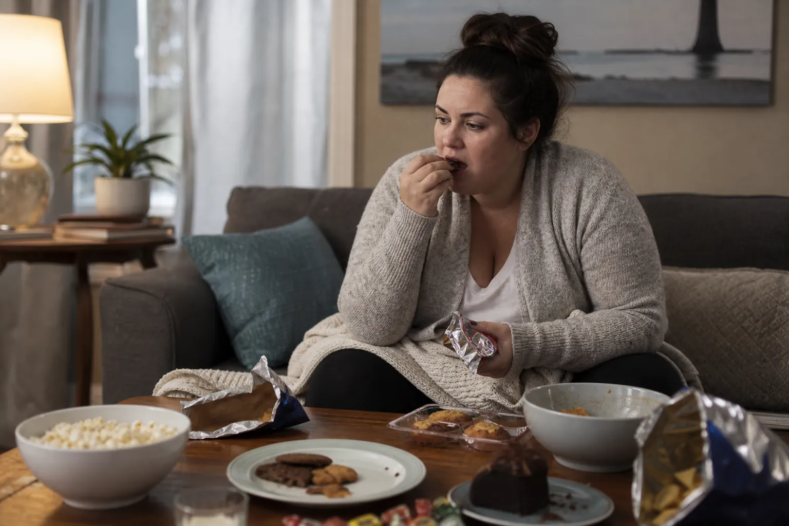 Woman eating sweets alone amid open snacks A woman sits alone on a sofa eating sweets, with open snack packages, cookies, popcorn, and bowls spread across a table.