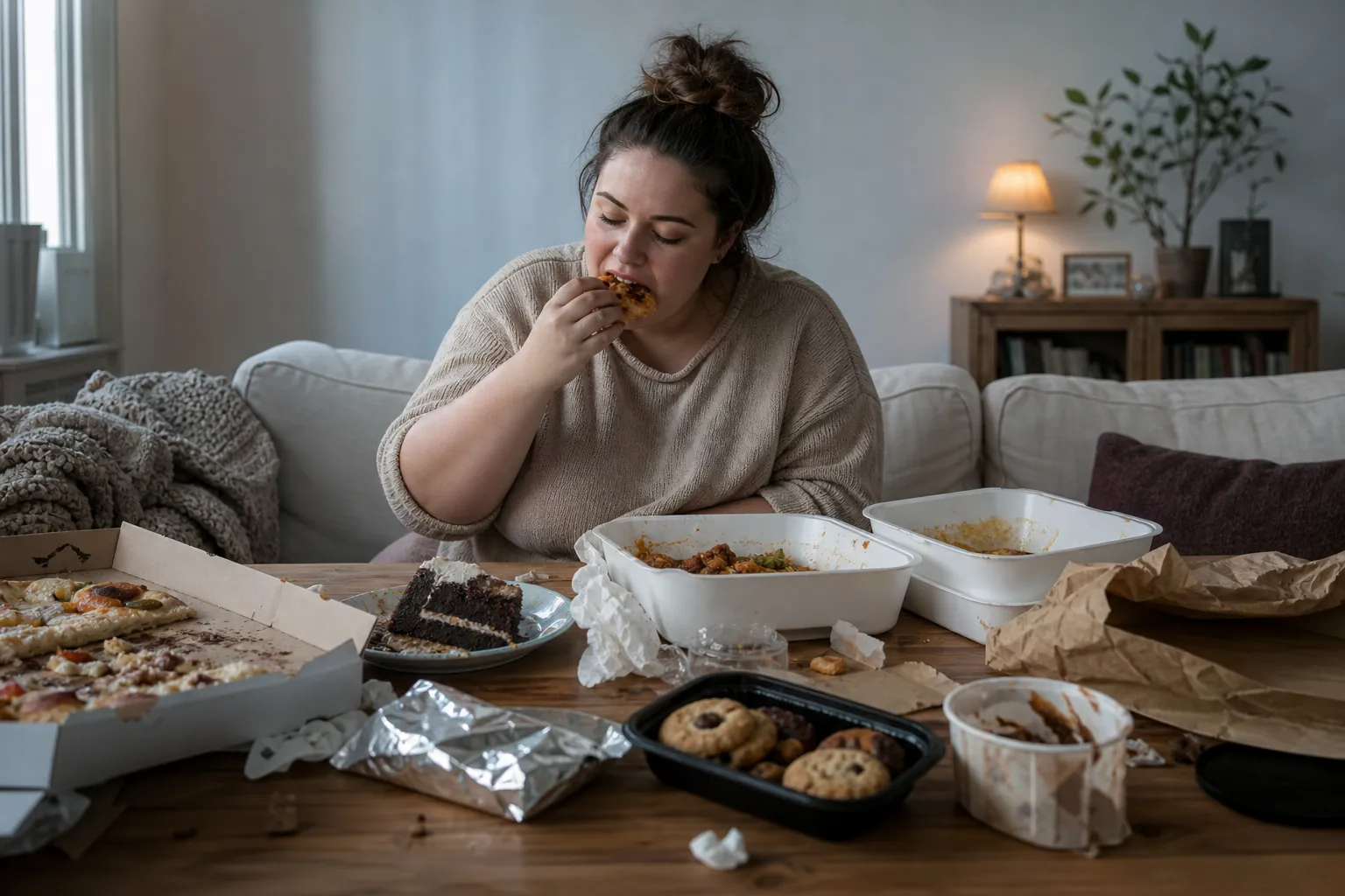 Woman Eating Among Takeout Food and Desserts A woman eats on a sofa behind a cluttered table covered with pizza, cake, cookies, takeout containers, and wrappers.