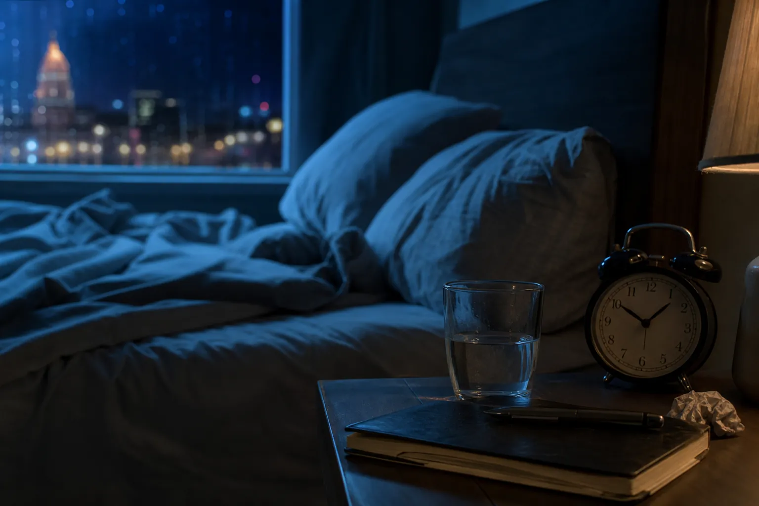 Sleepless night with alarm clock beside an unmade bed Unmade bed beside a nighttime window, with an alarm clock, water glass, notebook, pen, and crumpled tissue.