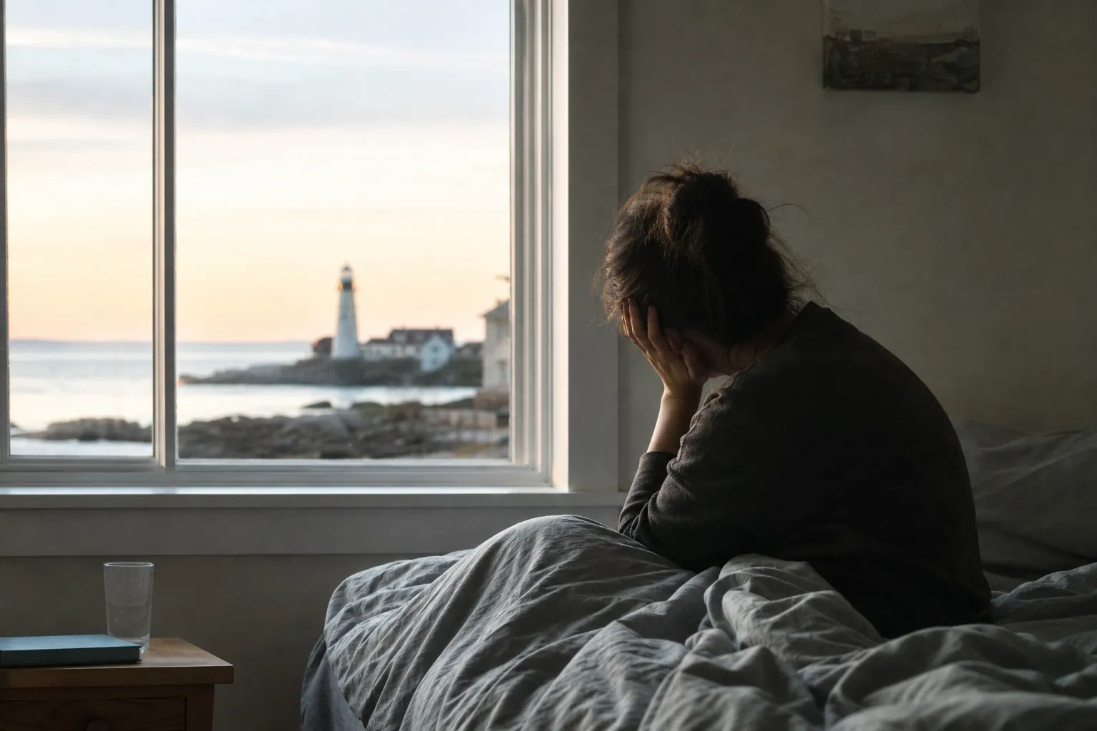Tired person sitting awake on an unmade bed at dawn A tired person sits hunched on an unmade bed at dawn, facing a window overlooking the coast and a lighthouse.