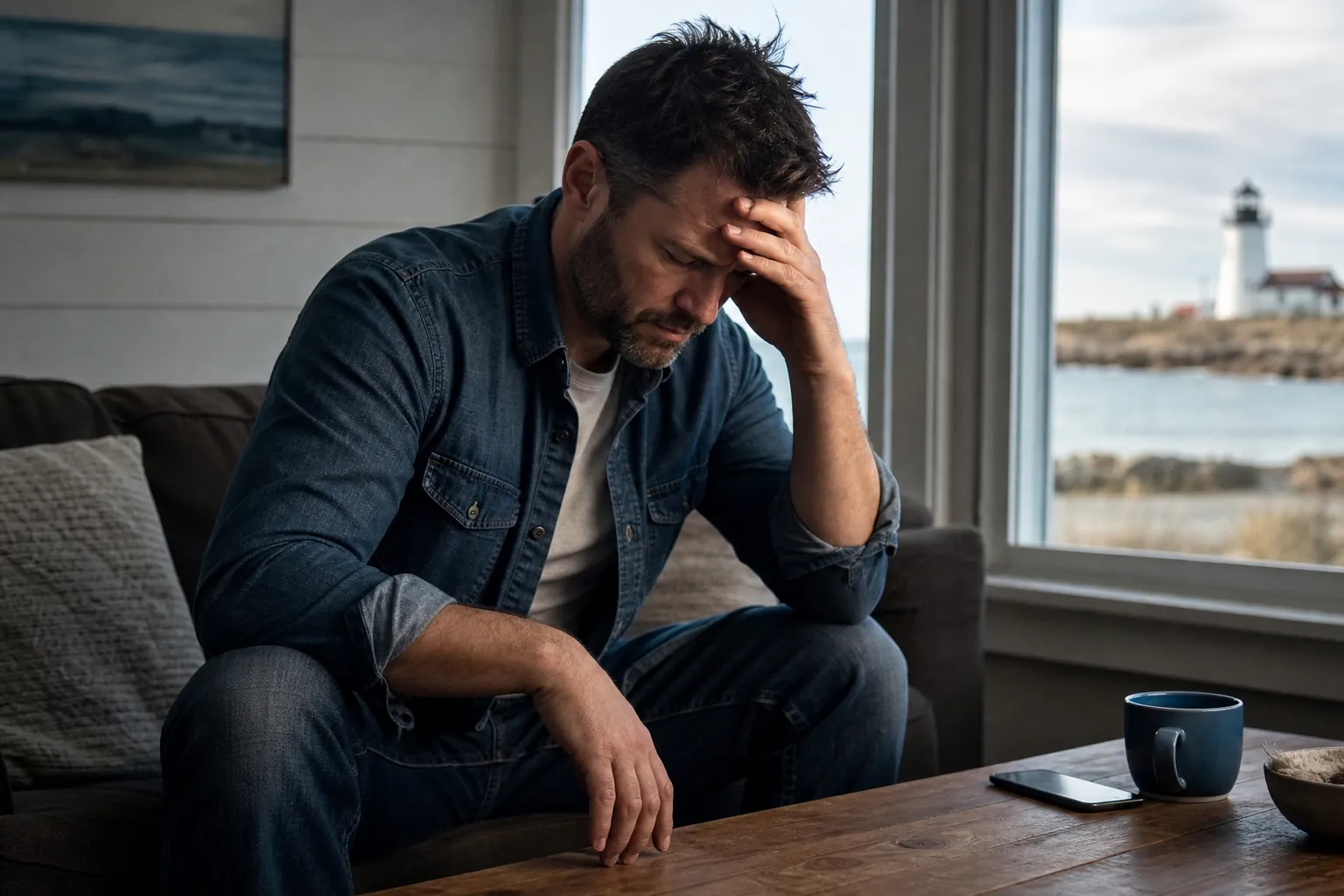 Stressed man sitting alone beside a coastal window A weary man sits hunched on a sofa with one hand on his forehead beside a phone and mug, with a lighthouse visible outside.