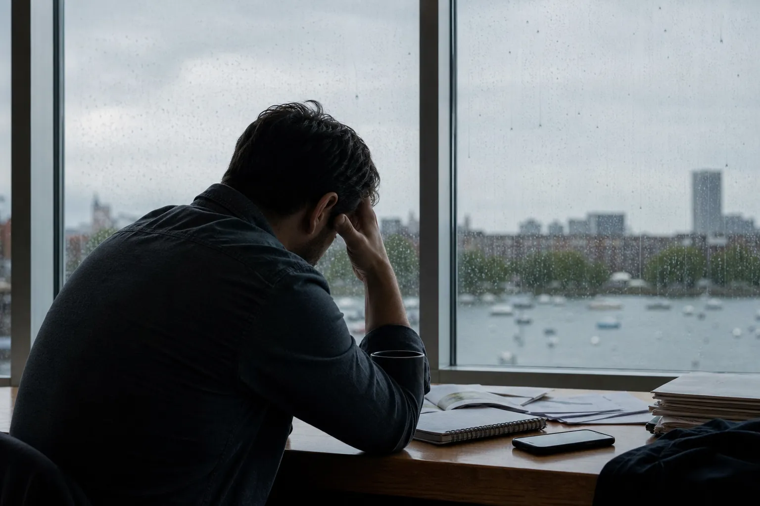 Stressed man sitting at a desk by a rainy window A man sits hunched at a desk with his hand on his forehead, looking out through a rain-covered window.