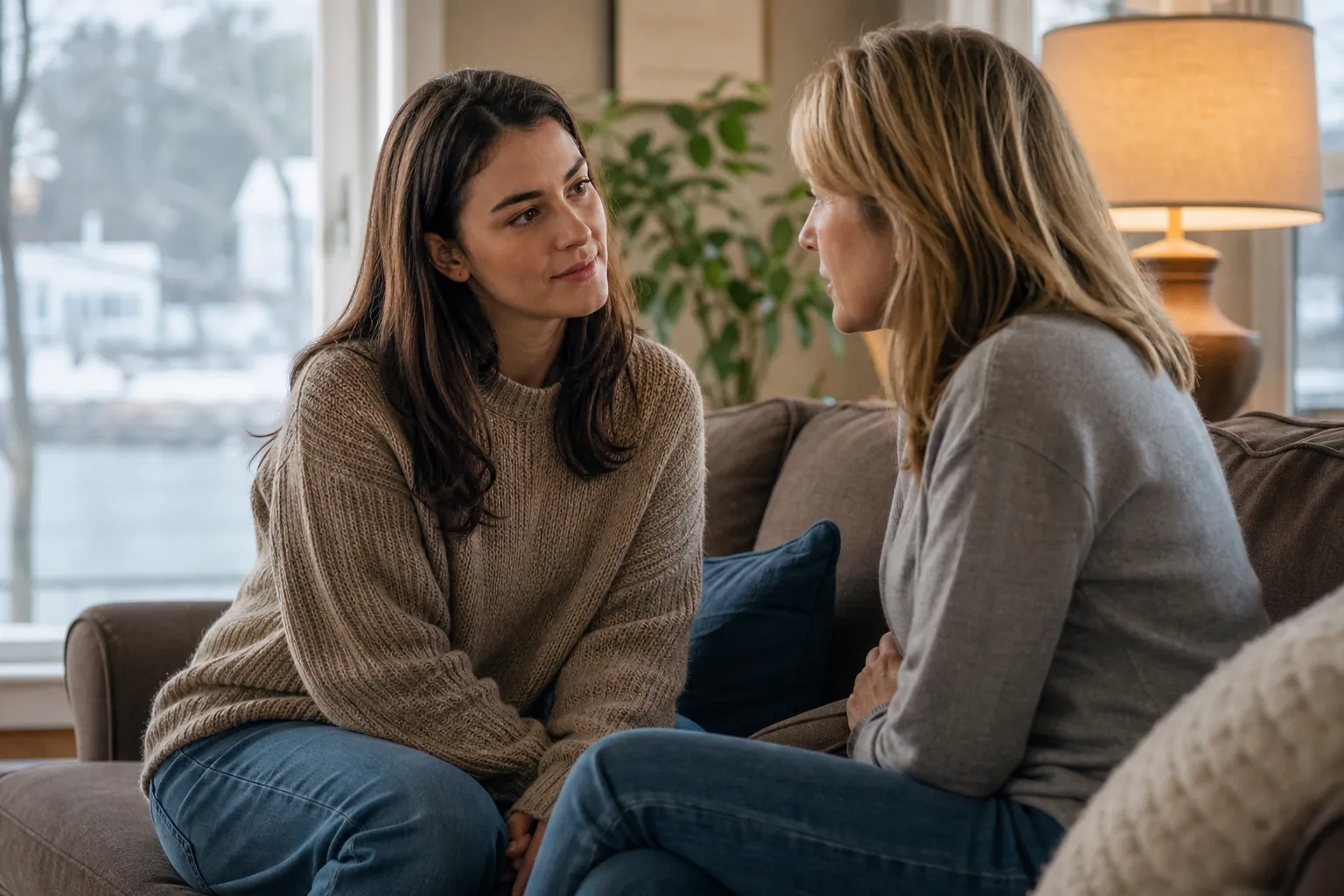 Two women sit facing each other on a living room sofa, with one listening attentively as the other speaks.