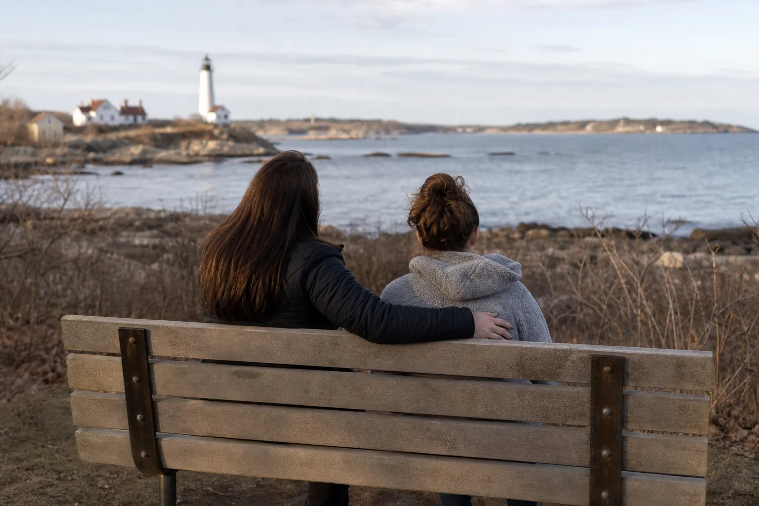 Two people sit on a wooden bench, one with an arm around the other, overlooking a rocky coast and distant lighthouse.