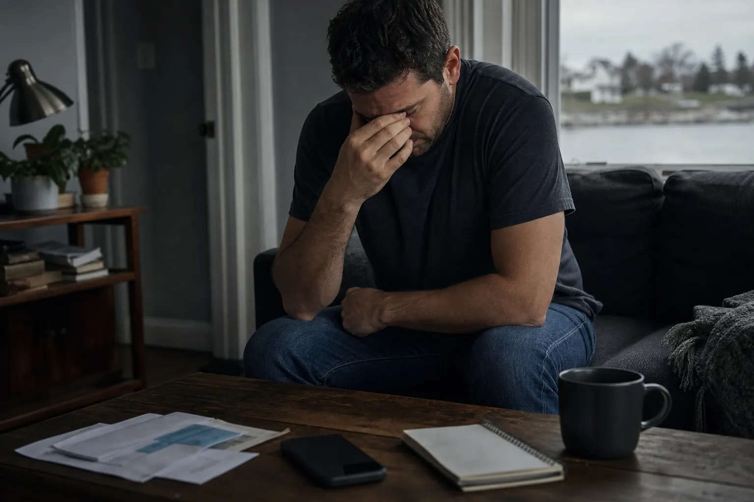 A distressed man sits hunched on a sofa, covering his eyes beside paperwork, a notebook, phone, and mug.