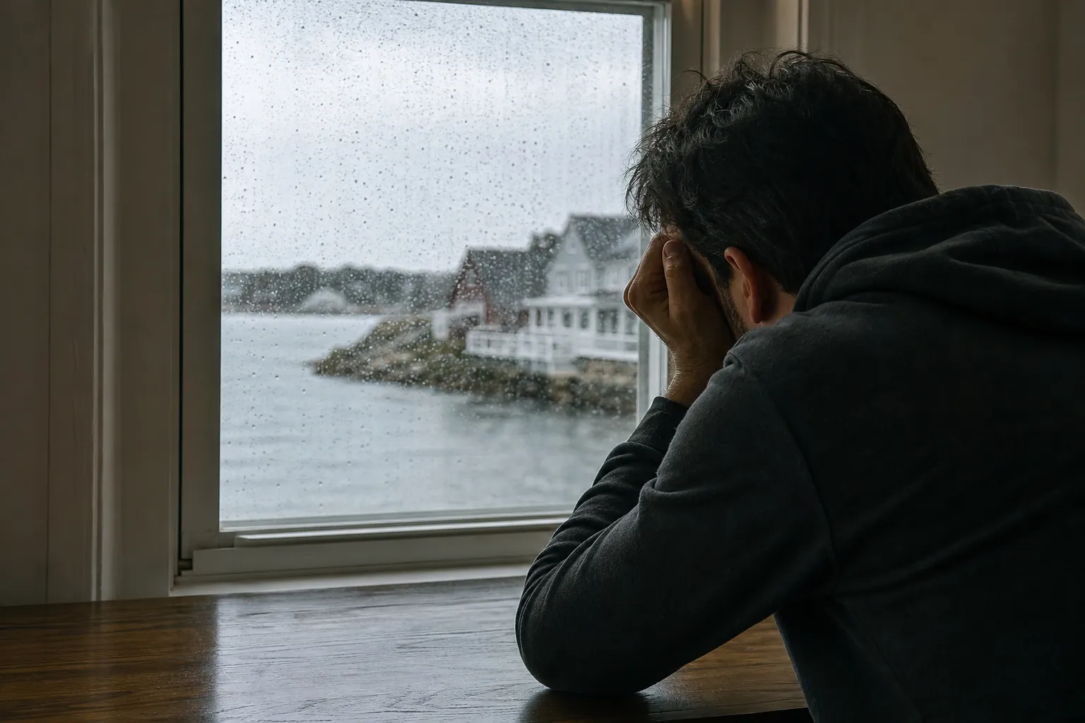 A man in a dark hoodie holds his head while sitting at a table beside a rain-covered waterfront window.