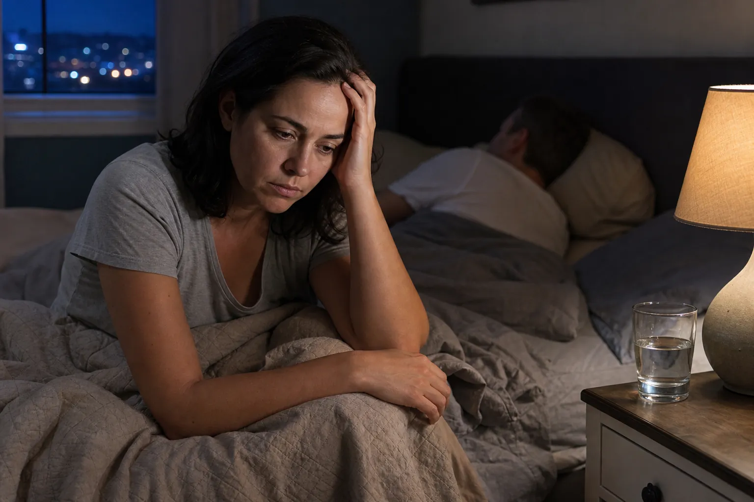 A distressed woman sits awake in bed at night while her partner sleeps beside her under gray blankets.