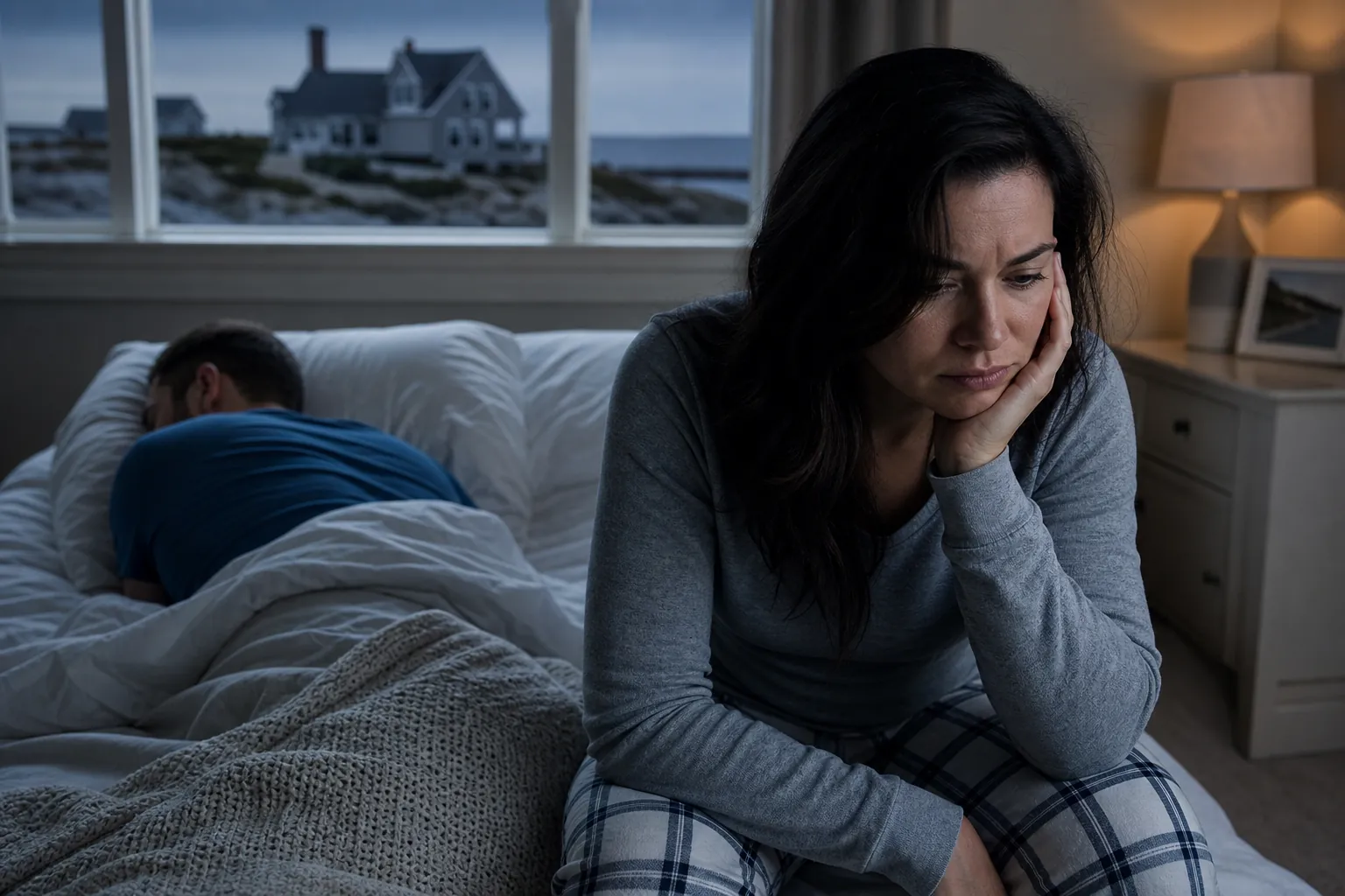 A worried woman sits awake on the edge of a bed while her partner sleeps behind her in a dim bedroom.