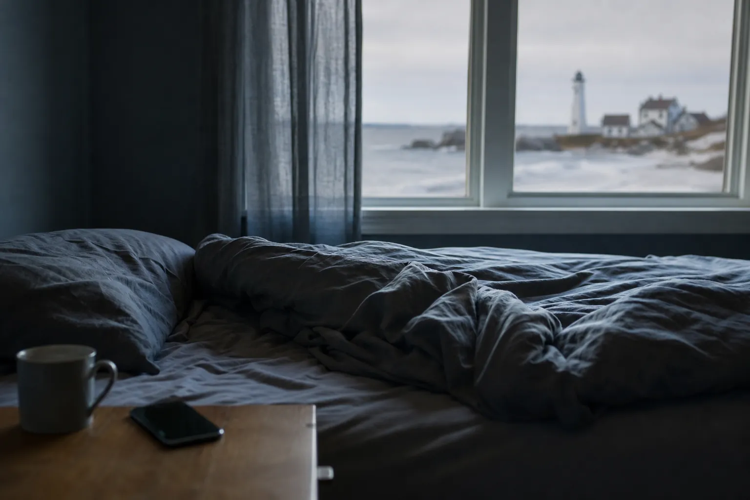 Unmade bed overlooking a wintry lighthouse Unmade bed in a dark bedroom with a mug and phone beside it, overlooking a snowy coast and distant lighthouse.