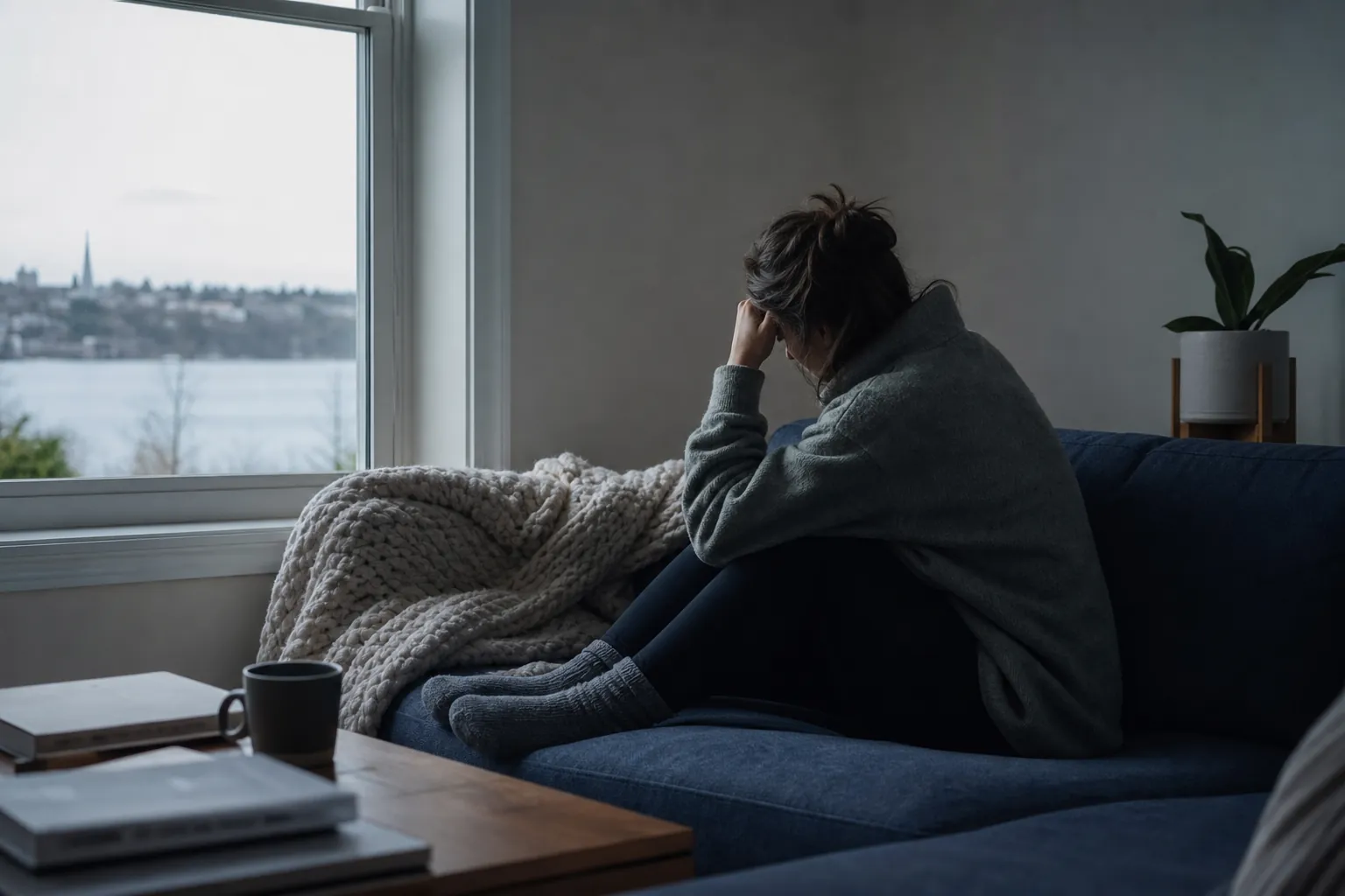 Weary person curled up on a sofa by a window A weary person sits curled up on a dark sofa by a window, resting their head on one hand beside a blanket and mug.