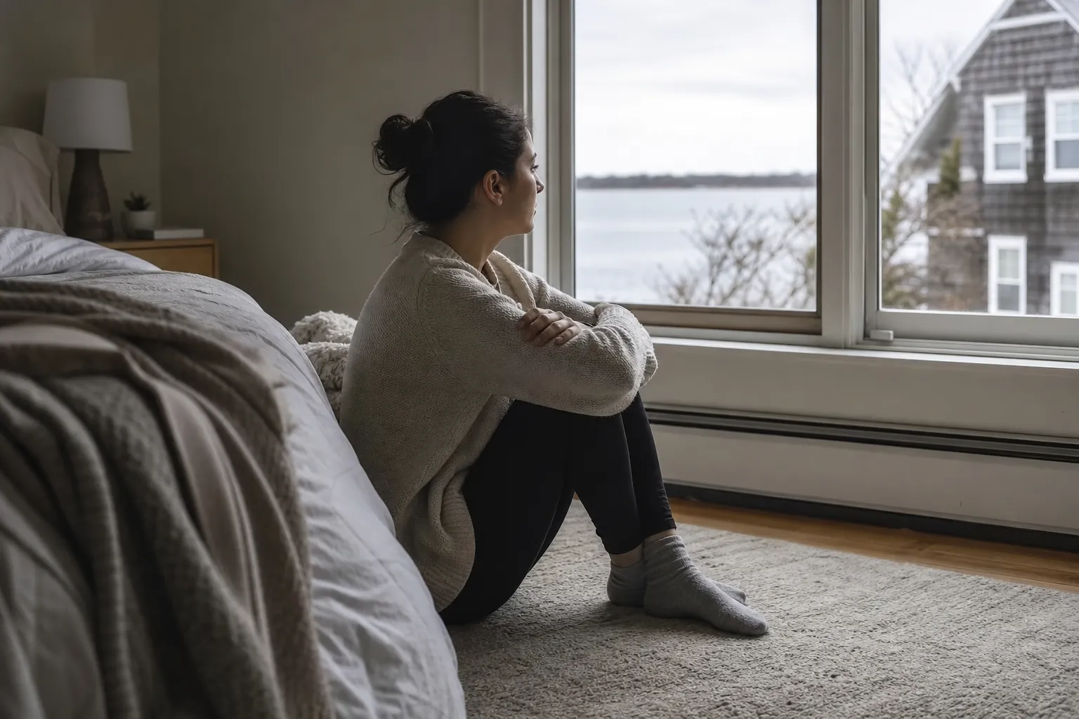 Contemplative woman sitting by a bedroom window A contemplative woman sits on a bedroom floor beside a bed, hugging her knees and looking through a window toward the water.