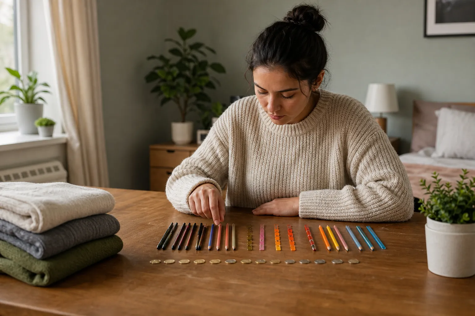 Woman arranging colored objects and coins in orderly rows A woman carefully aligns colored pencils, small blocks, and coins in neat rows on a bedroom table.