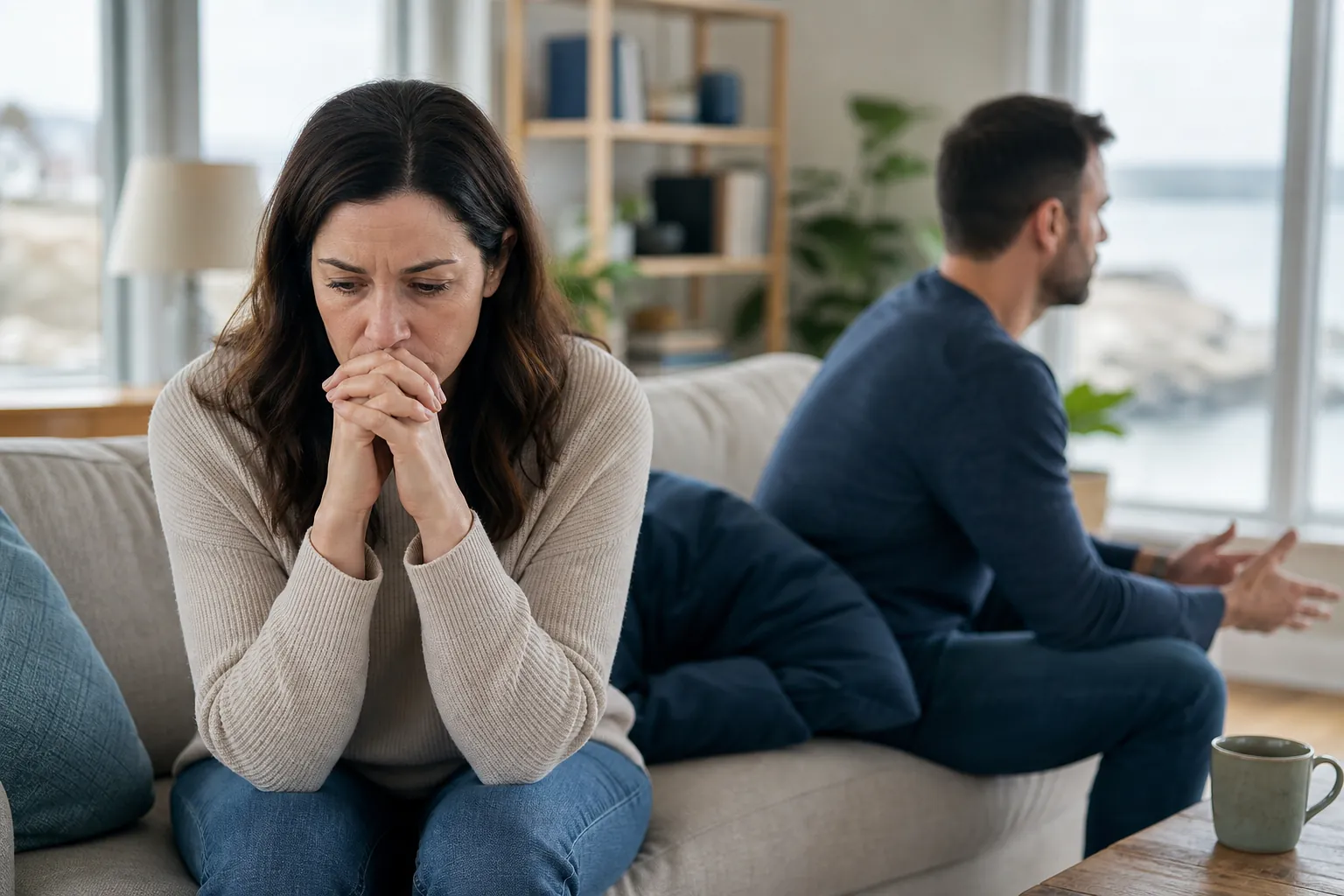 Distressed woman sits apart from a man facing away on a living room sofa, suggesting tension in their relationship.