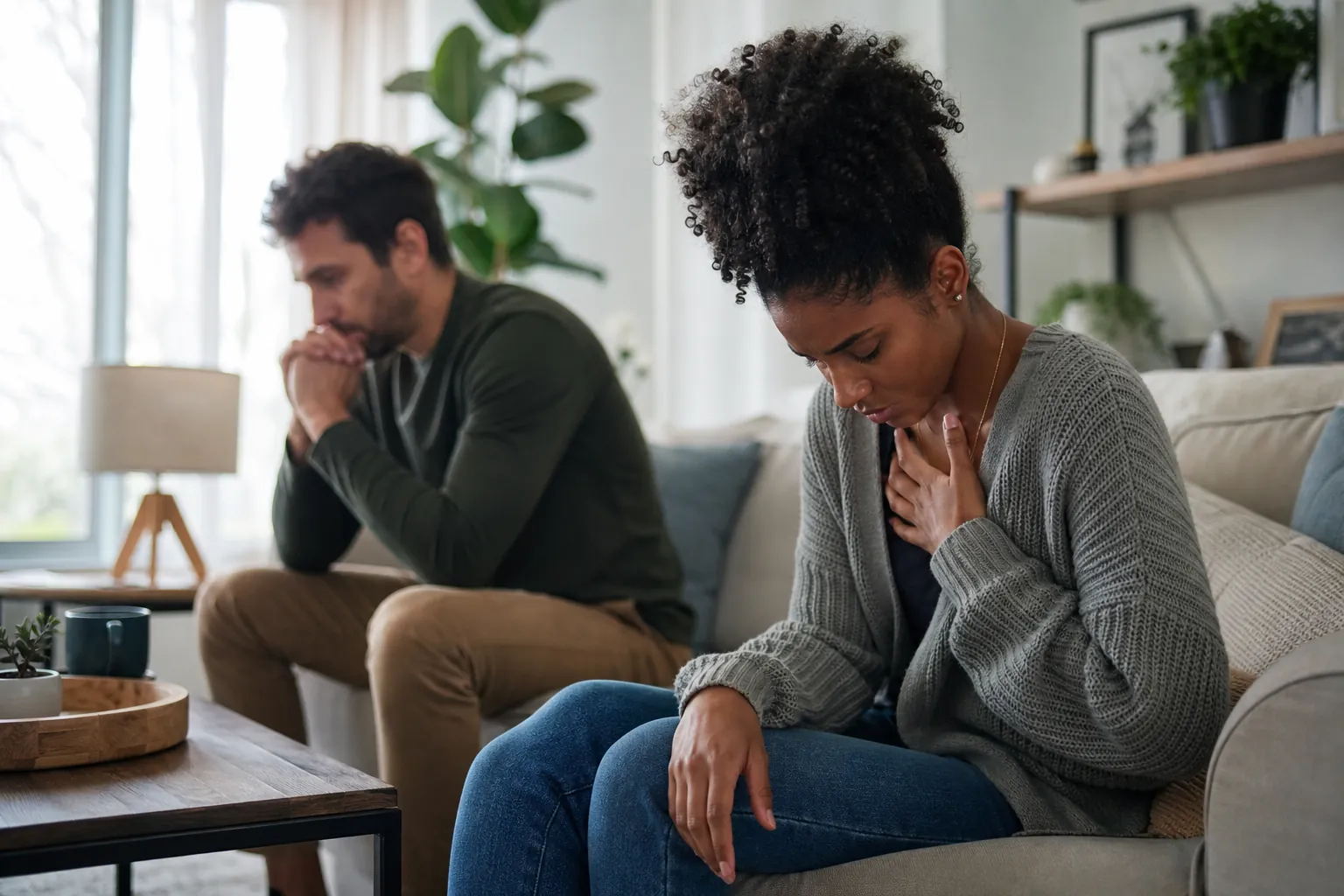 Distressed woman holding her chest while a worried man sits apart from her on a living room sofa.