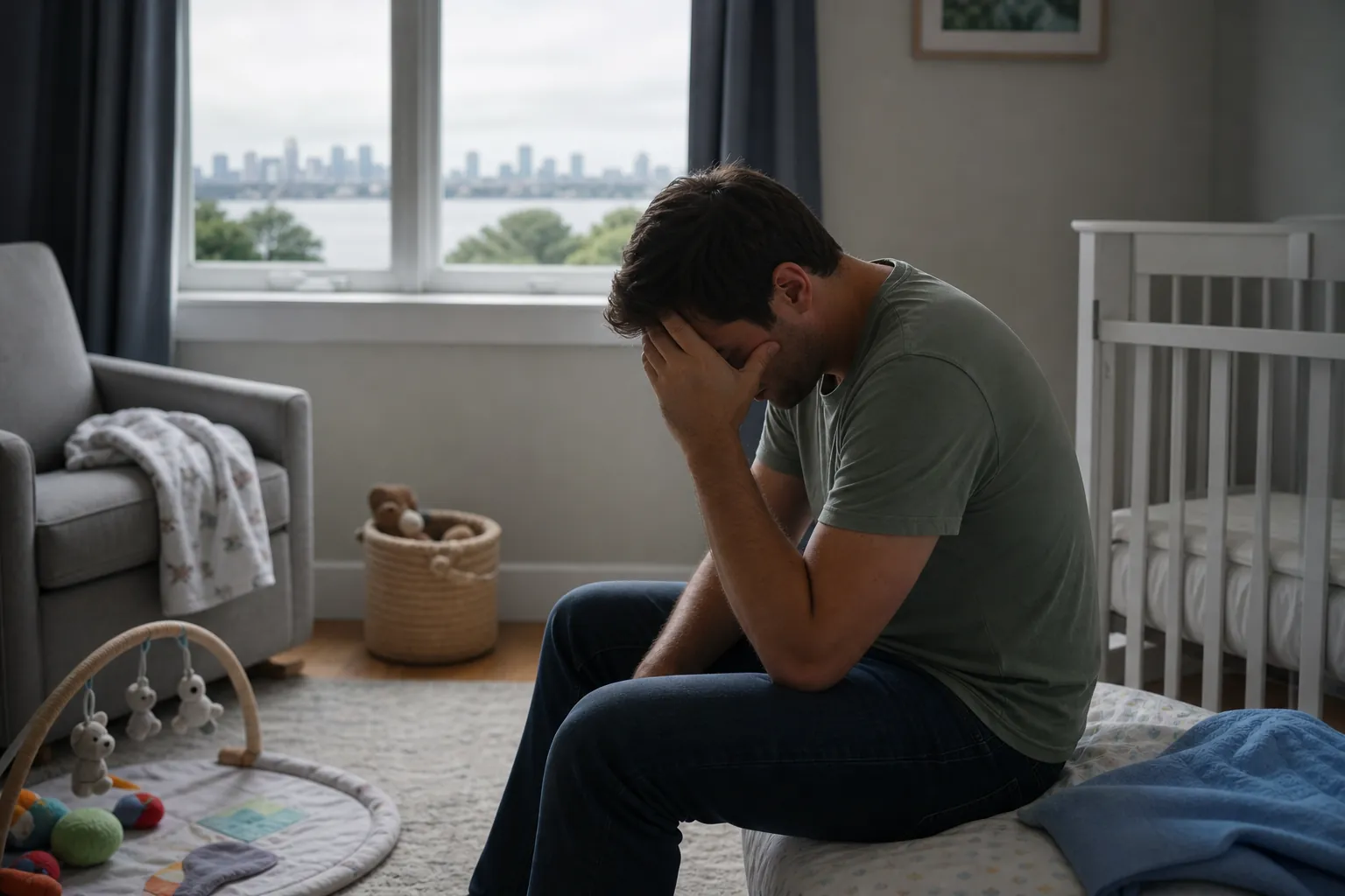 Editorial illustration of Signs of postpartum depression in men in Massachusetts