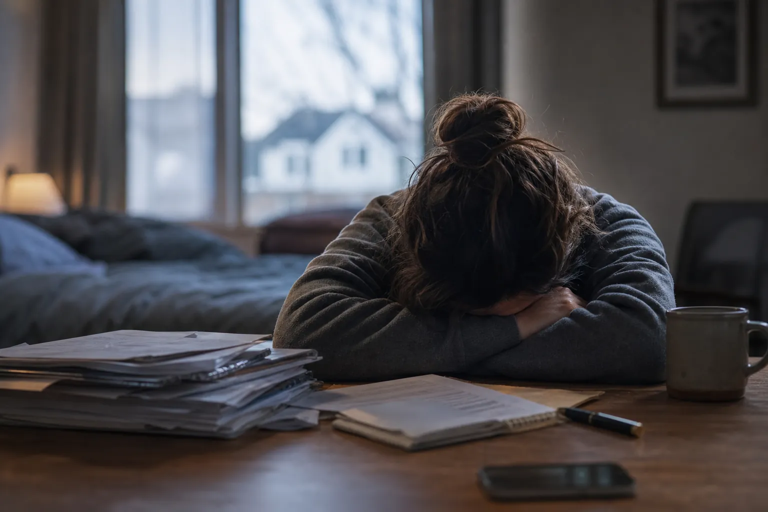 Exhausted person resting at a cluttered table Exhausted person resting their head on folded arms at a cluttered table beside a bed, papers, mug, pen, and phone.
