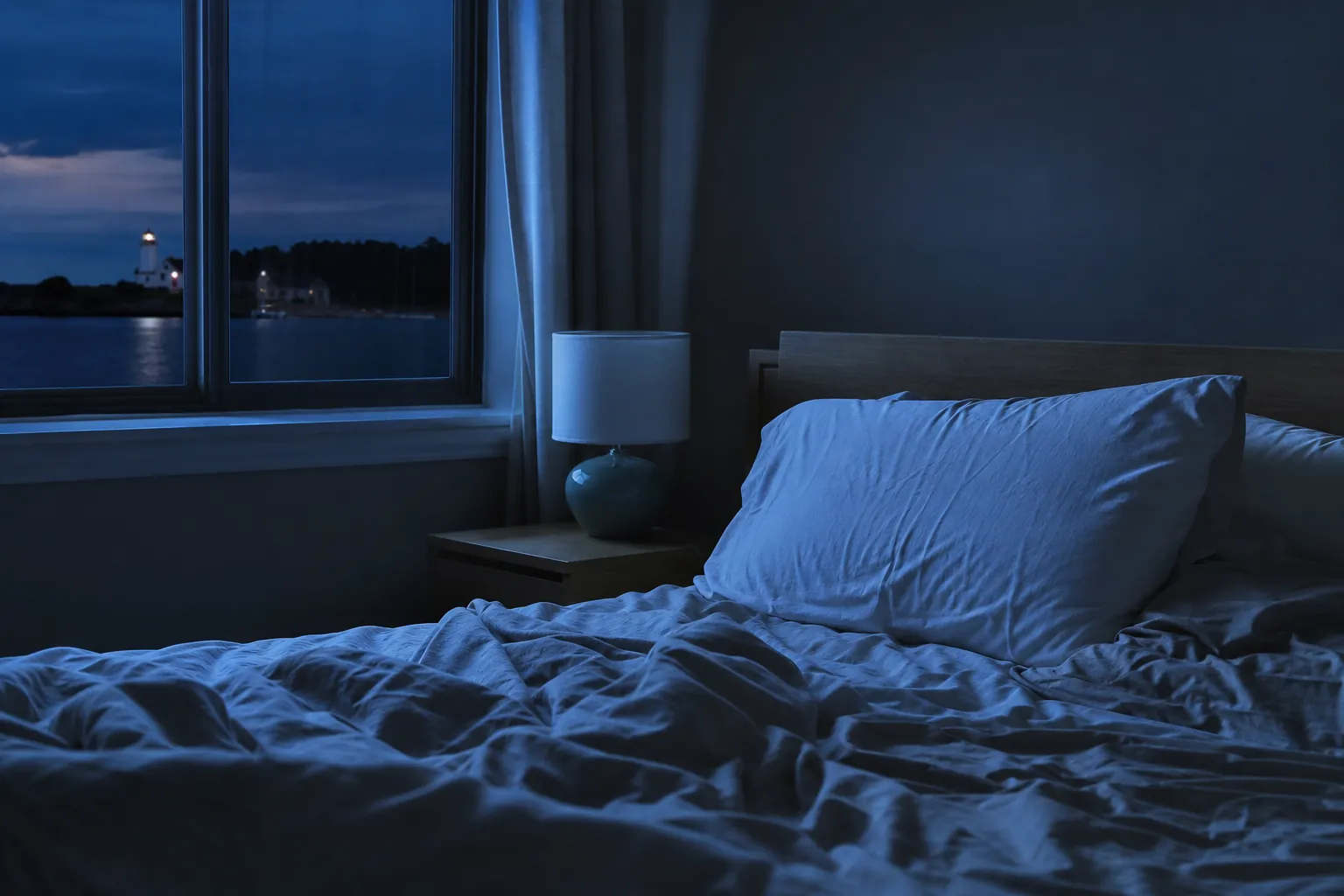 Unmade Bed in a Dark Bedroom at Night An unmade bed in a dark blue bedroom at night, with a lamp and a lighthouse visible through the window.