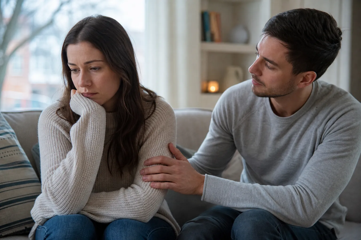 Concerned couple coping with emotional distance at home A worried woman looks away as a concerned man rests his hand on her arm while they sit together on a sofa at home.