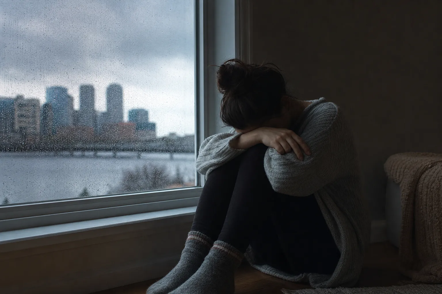 Distressed person curled up beside a rainy window Distressed person sitting curled up beside a rain-streaked window, with their face buried in folded arms.