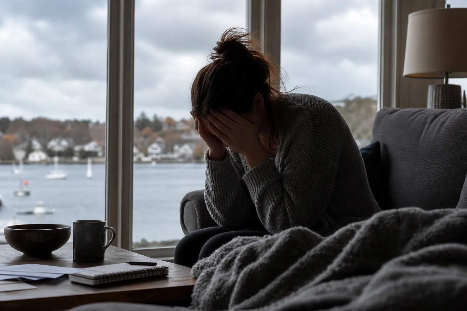 Distressed woman sitting by a waterfront window Distressed woman covering her face while seated beside a window, with a mug, notebook, and waterfront view nearby.