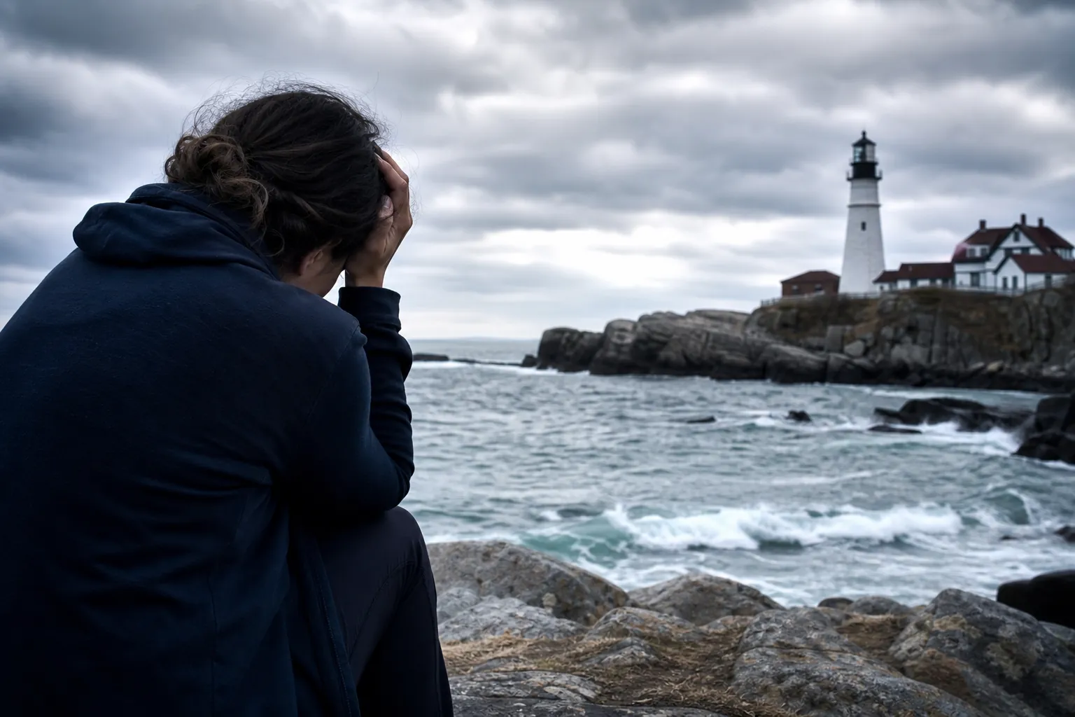 Distressed person overlooking rough seas and a lighthouse Distressed person holding their head on a rocky shore, facing rough ocean waves and a distant lighthouse.