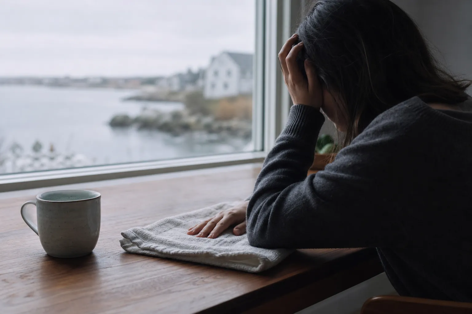 Stressed woman seated by a window with a mug and folded towel Distressed woman resting her head in one hand beside a folded towel and mug at a window overlooking water.