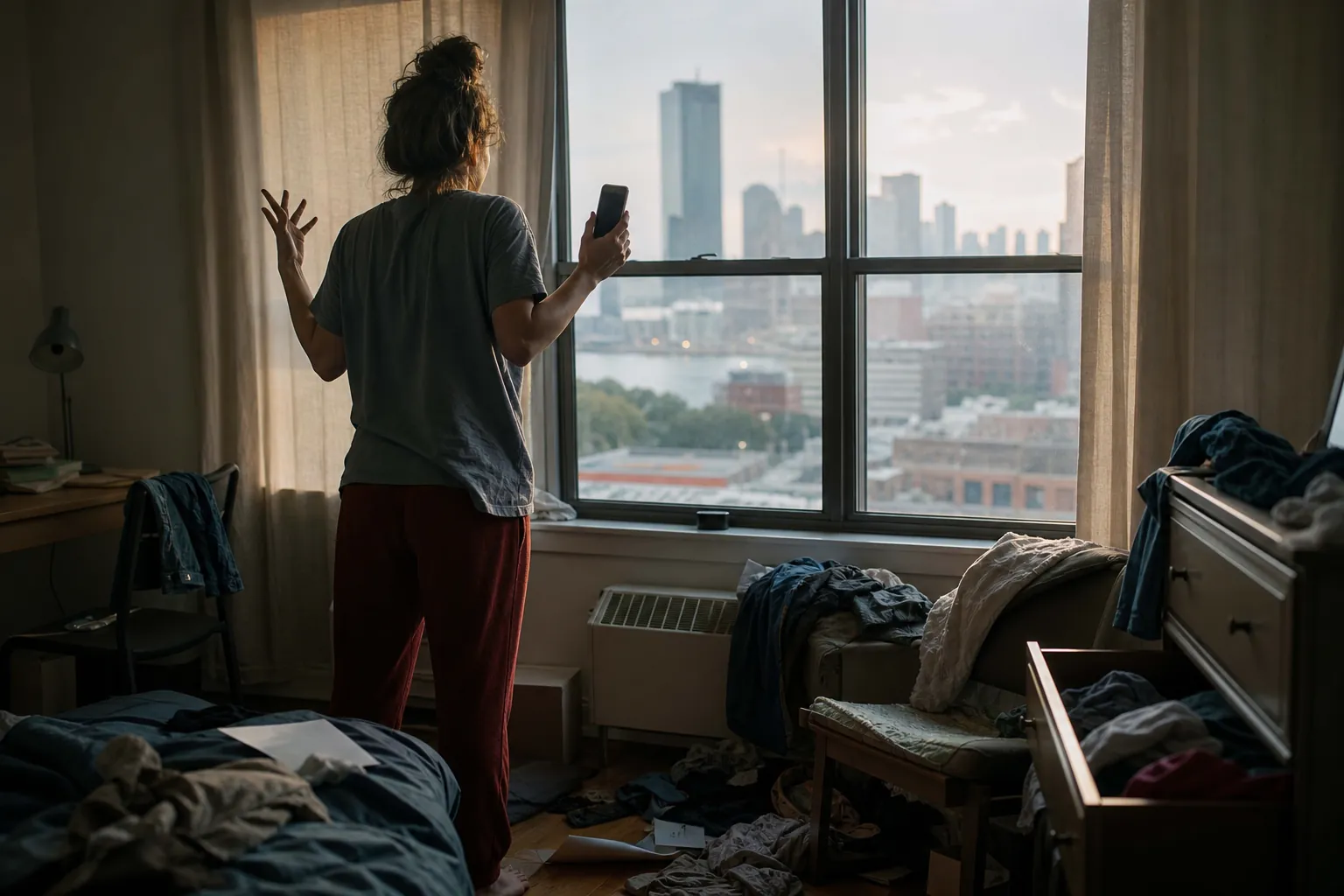 A person holding a phone and gesturing beside a large window in a cluttered bedroom overlooking a city skyline.